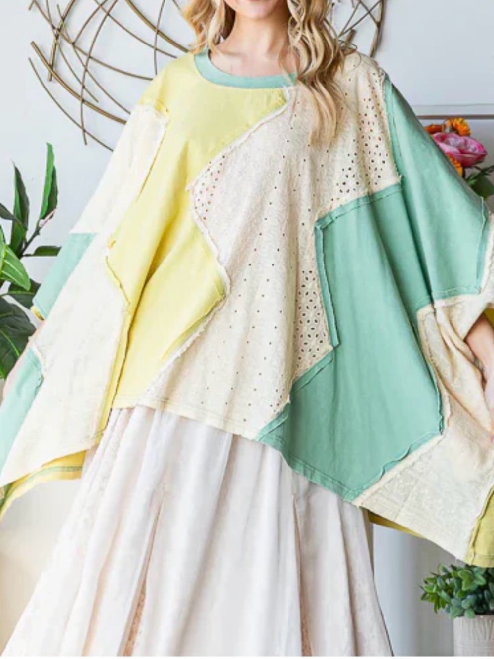 Patchwork Oli & Hali Zigzag Eyelet-Trim Relaxed Women’s Top in Yellow & Sage